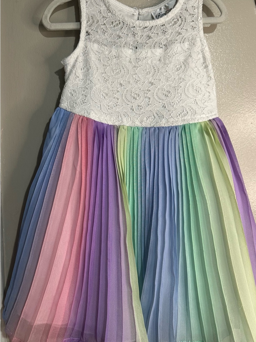 Rare Editions White Lace Top Pastel Rainbow Pleated Tulle Dress